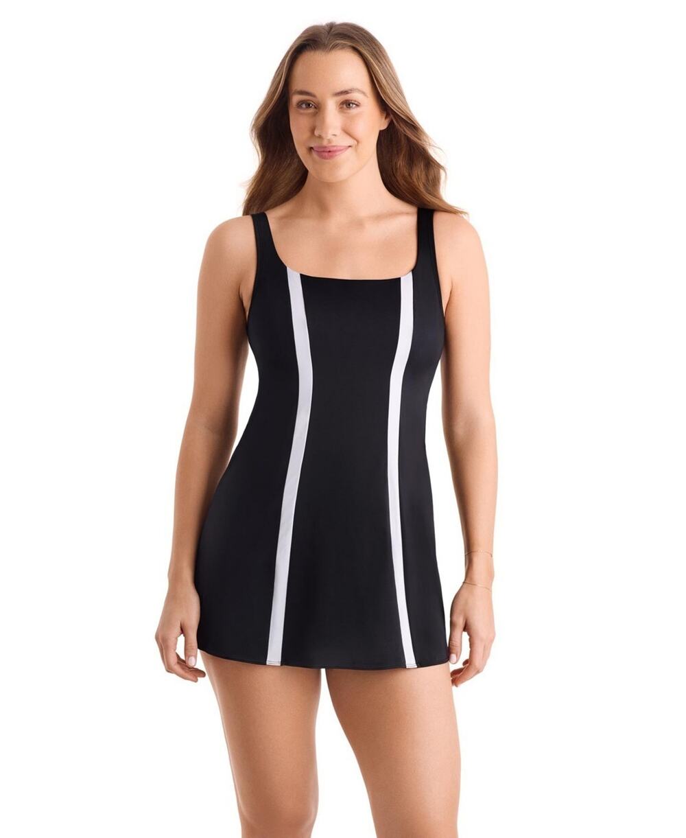ShapeSolver Women's Sport Scoop Neck One-Piece Swim Dress Black Size 12 2044